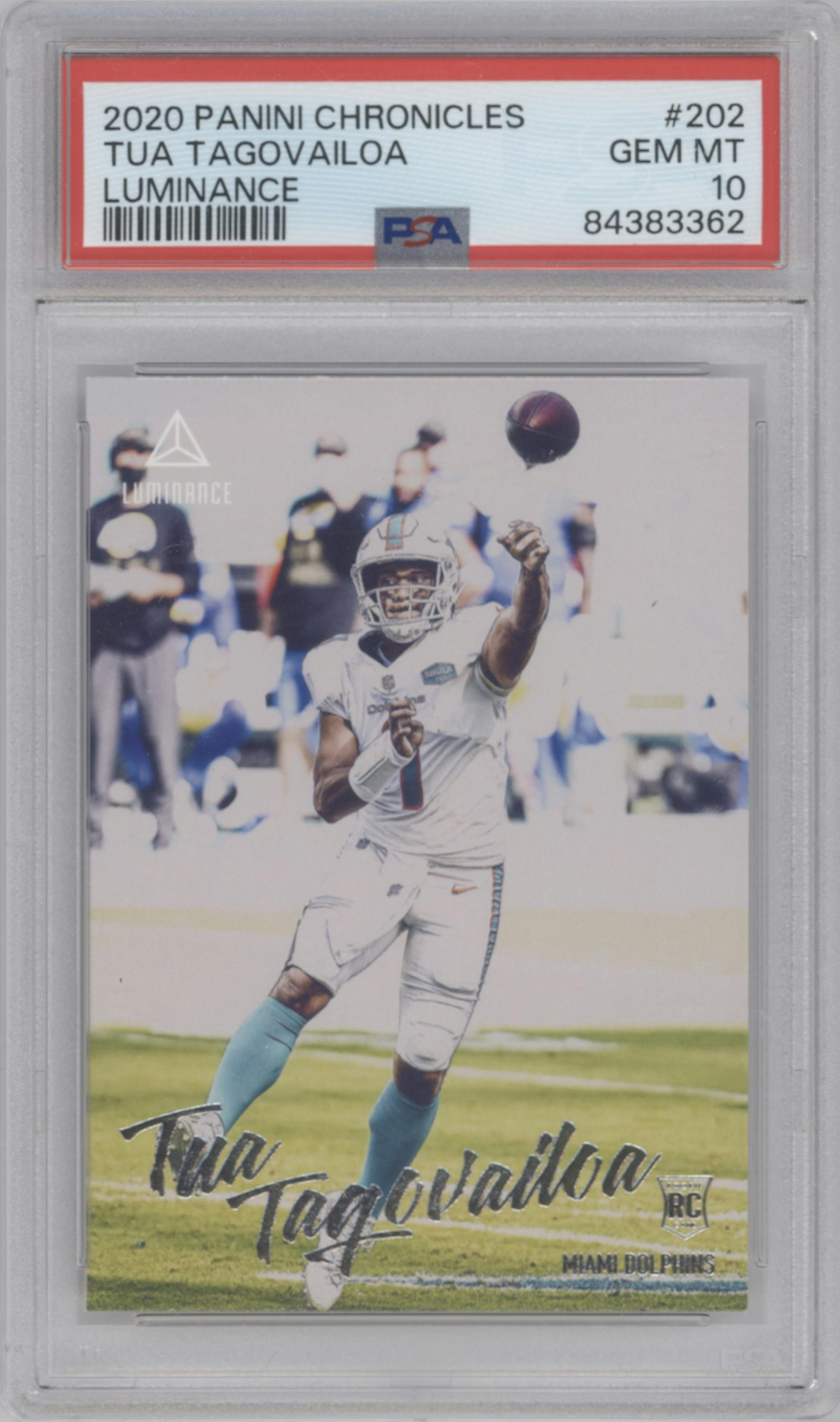 Tua Tagovailoa from the 2020 Panini Chronicles set graded by PSA and given an overall grade of 10.