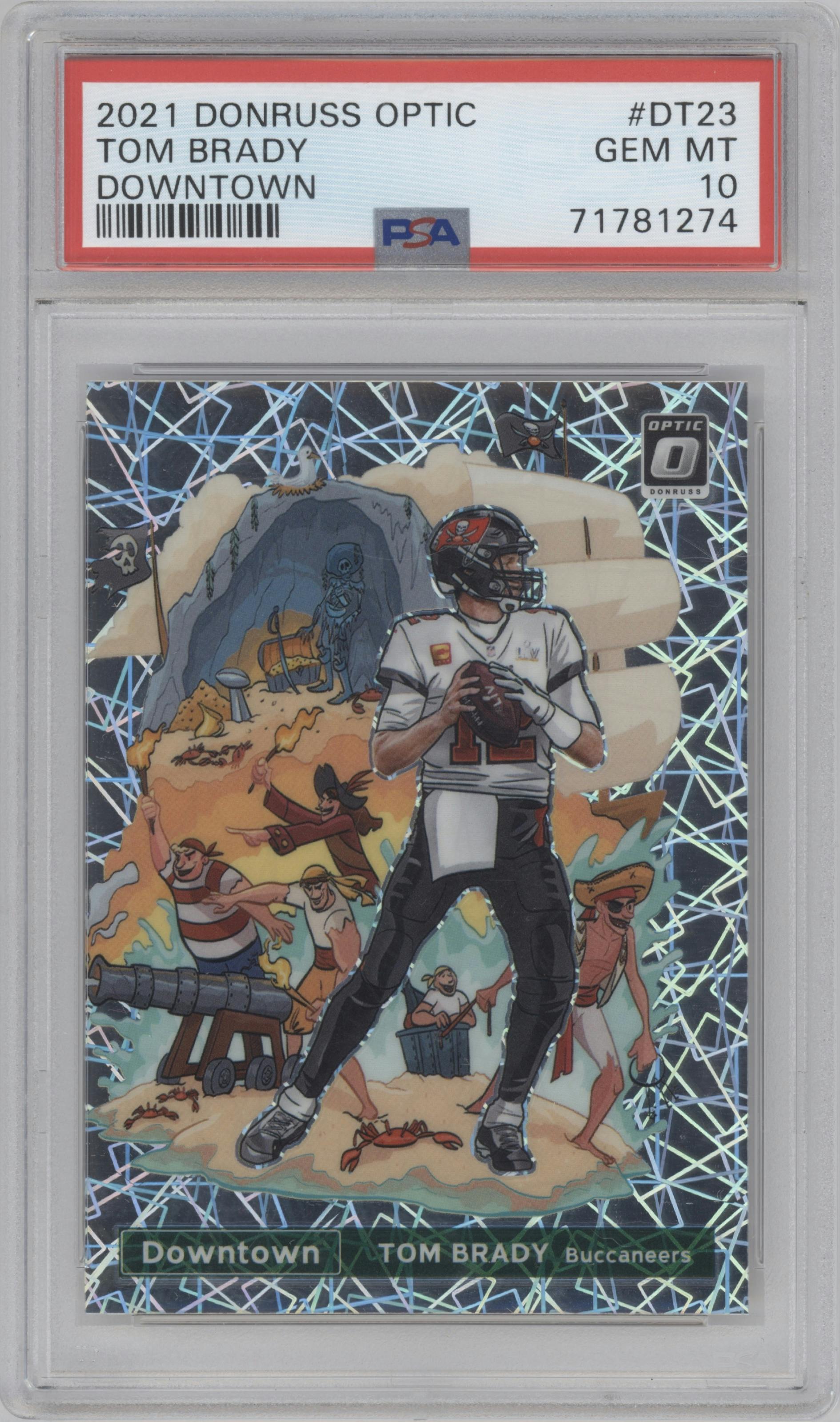Tom Brady from the 2021 Panini Donruss Optic set graded by PSA and given an overall grade of 10.