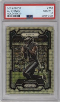 A.J. Brown from the 2023 Panini Prizm set featuring a Gold Vinyl parallel graded by PSA and given an overall grade of 10.