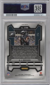 A.J. Brown from the 2023 Panini Prizm set featuring a Gold Vinyl parallel graded by PSA and given an overall grade of 10.