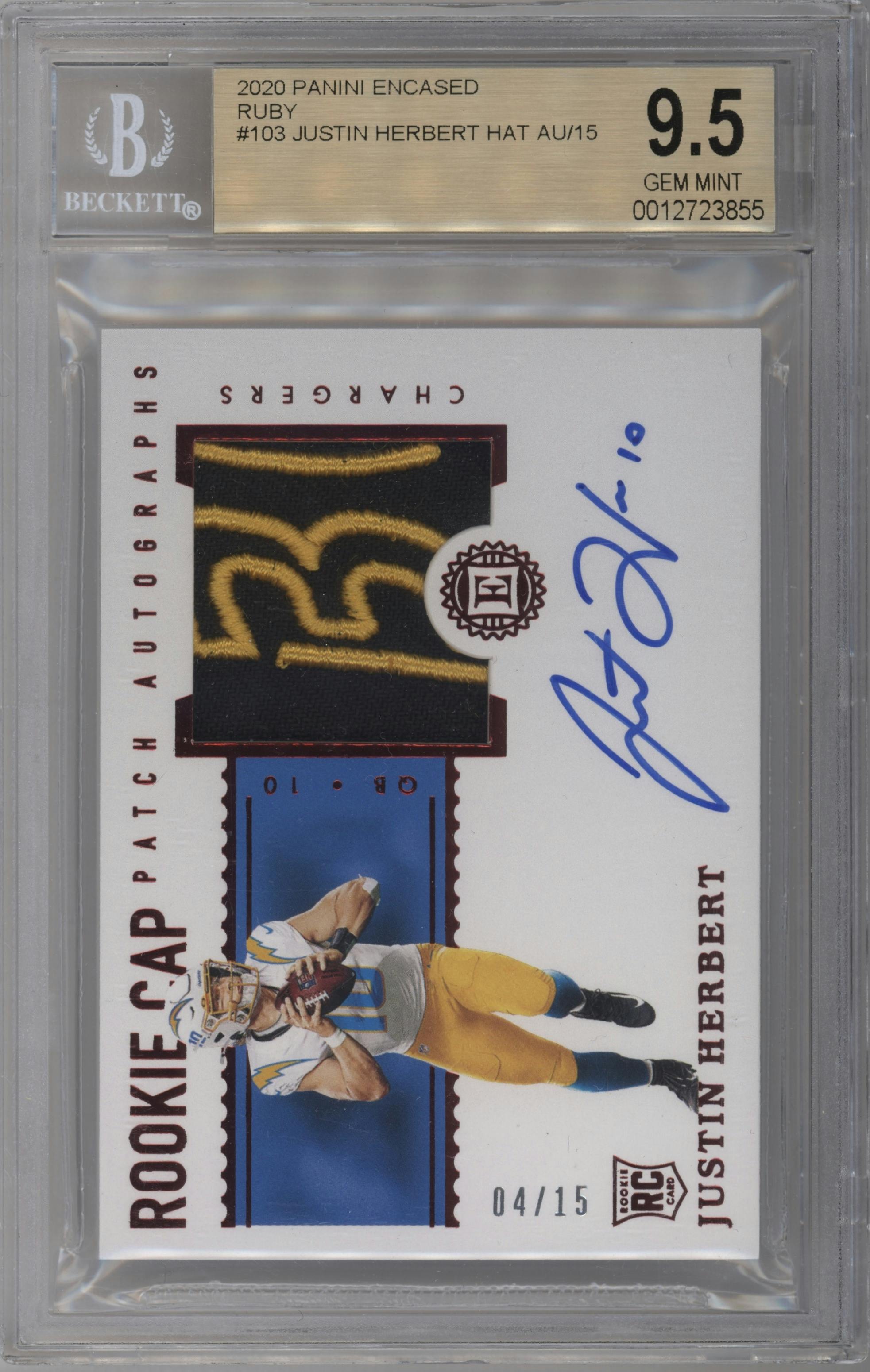 Justin Herbert from the 2020 Panini Encased set featuring a Ruby parallel graded by Beckett and given an overall grade of 9.5.
