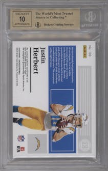 Justin Herbert from the 2020 Panini Encased set featuring a Ruby parallel graded by Beckett and given an overall grade of 9.5.