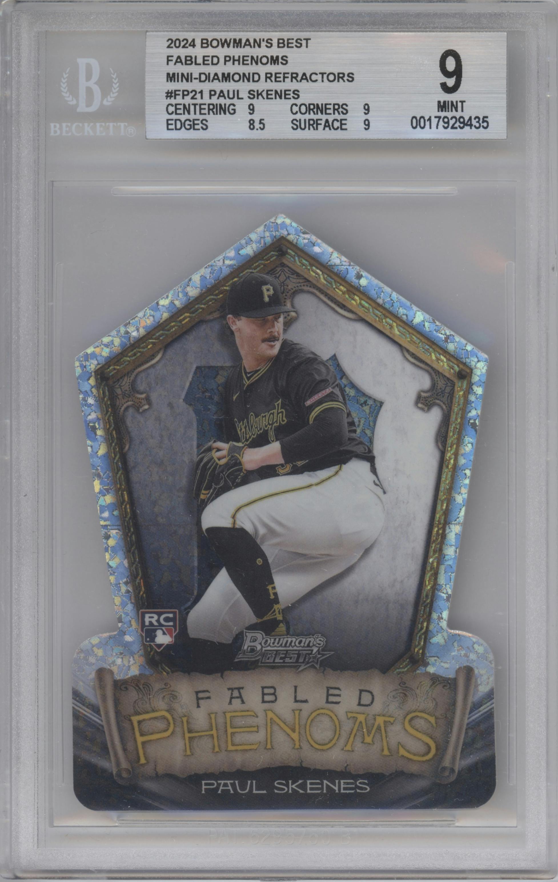 Paul Skenes from the 2024 Bowman's Best set featuring a Mini-Diamond Refractor parallel graded by Beckett and given an overall grade of 9.