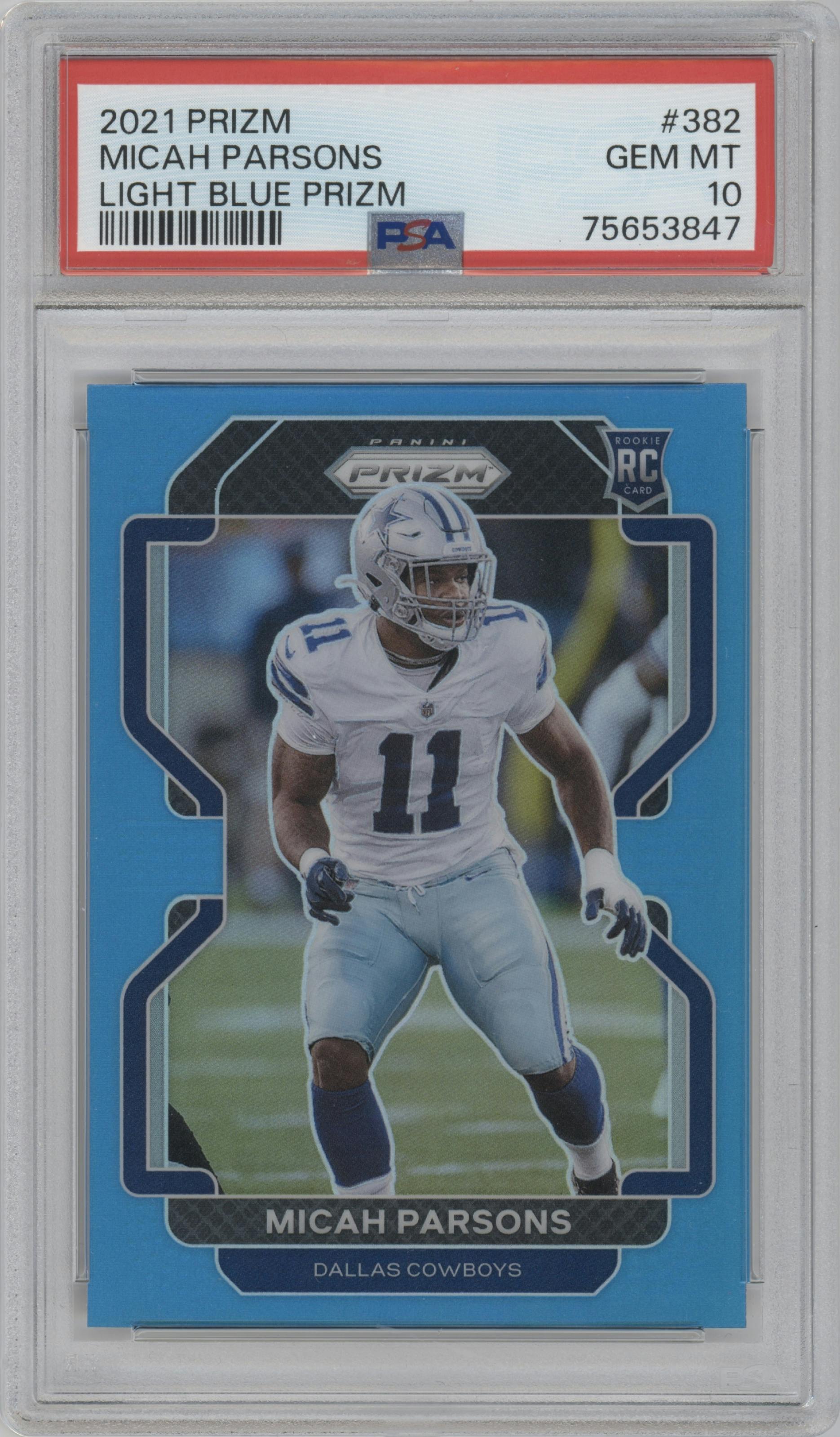 Micah Parsons from the 2021 Panini Prizm set featuring a Light Blue Prizm parallel graded by PSA and given an overall grade of 10.