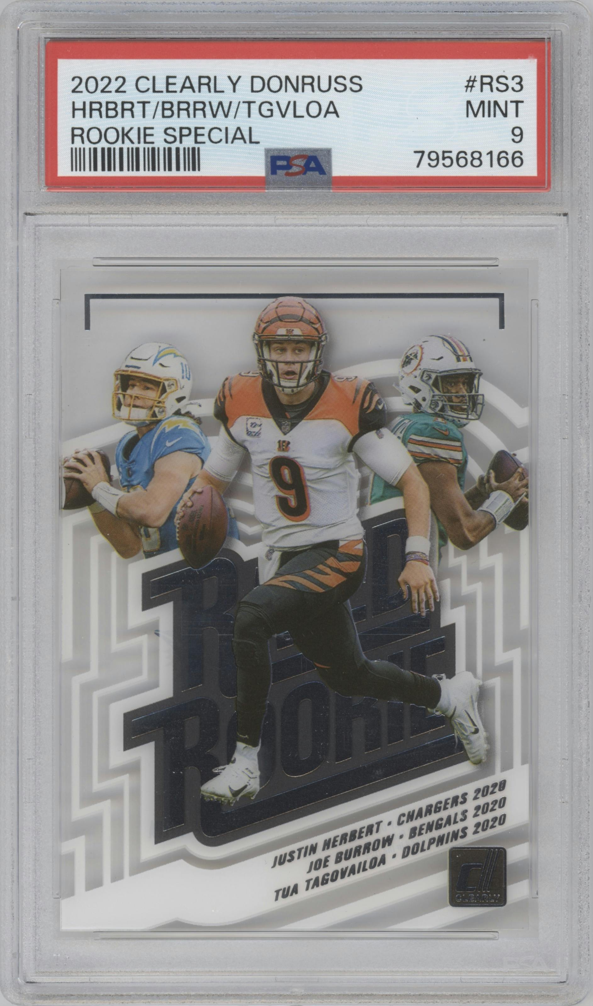 Justin Herbert/Joe Burrow/Tua Tagovailoa from the 2022 Clearly Donruss set graded by PSA and given an overall grade of 9.