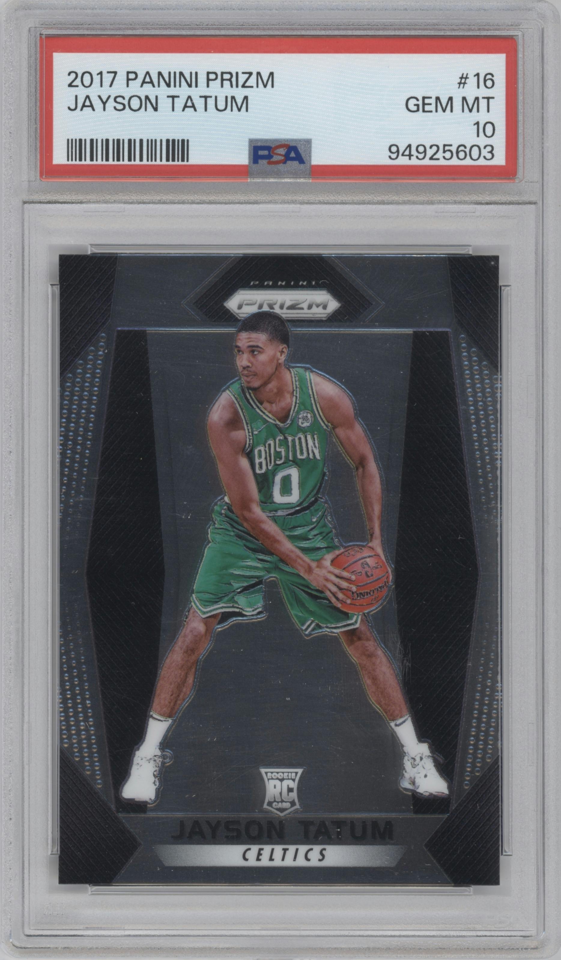 Jayson Tatum from the 2017-18 Panini Prizm  set graded by PSA and given an overall grade of 10.