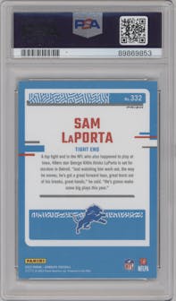 Sam LaPorta from the 2023 Panini Donruss set featuring a Green Velocity parallel graded by PSA and given an overall grade of 10.