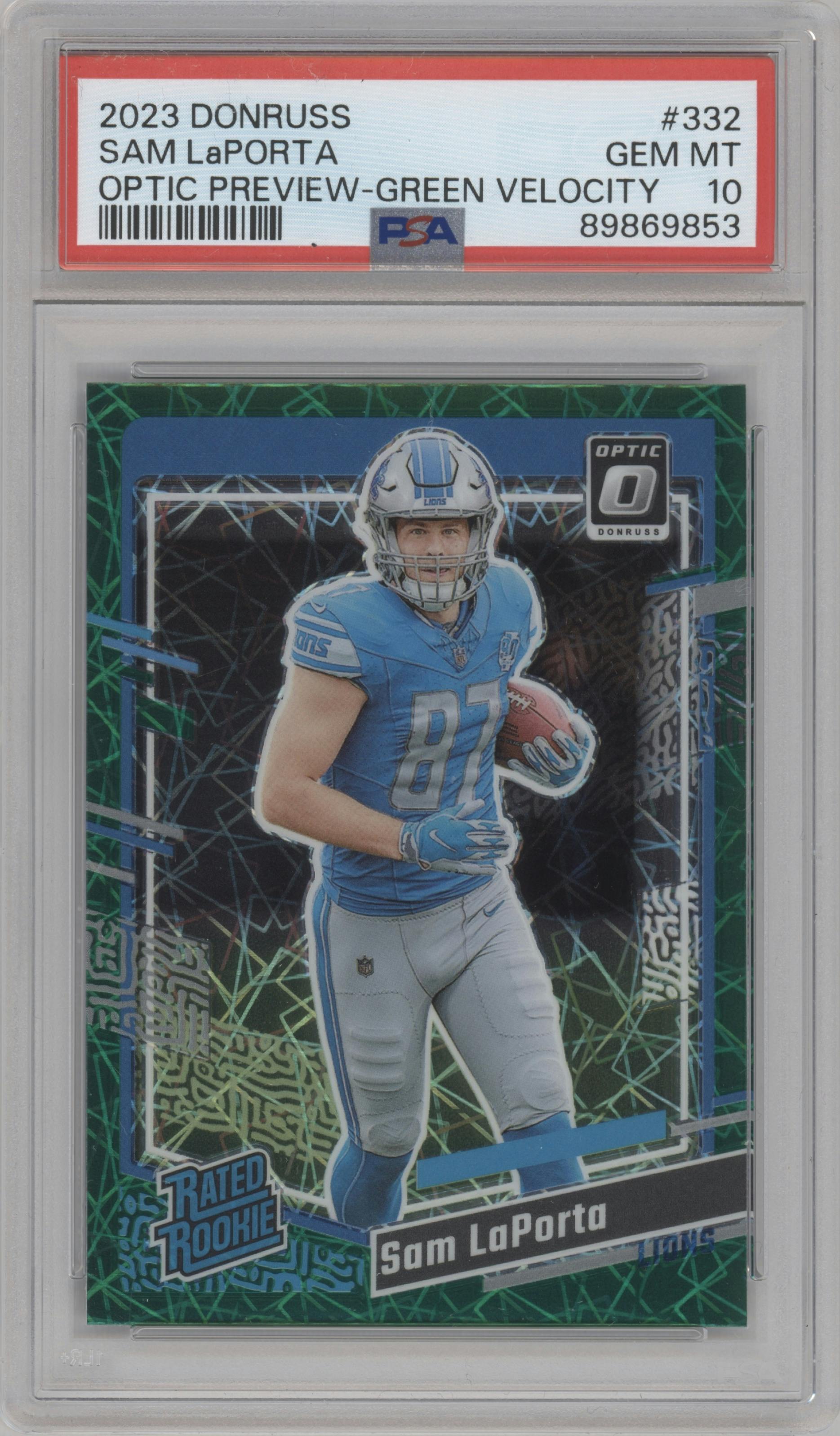 Sam LaPorta from the 2023 Panini Donruss set featuring a Green Velocity parallel graded by PSA and given an overall grade of 10.