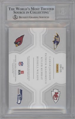 Kyler Murray/Lamar Jackson/Patrick Mahomes II/Russell Wilson from the 2020 Panini National Treasures set featuring a Laundry Tags NFL Shield parallel graded by Beckett and given an overall grade of 9.