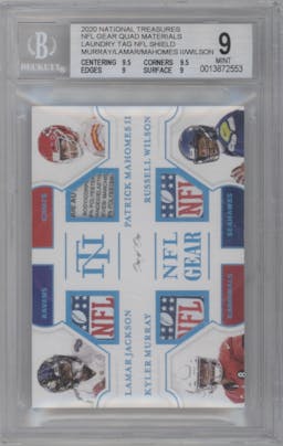 Kyler Murray/Lamar Jackson/Patrick Mahomes II/Russell Wilson from the 2020 Panini National Treasures set featuring a Laundry Tags NFL Shield parallel graded by Beckett and given an overall grade of 9.