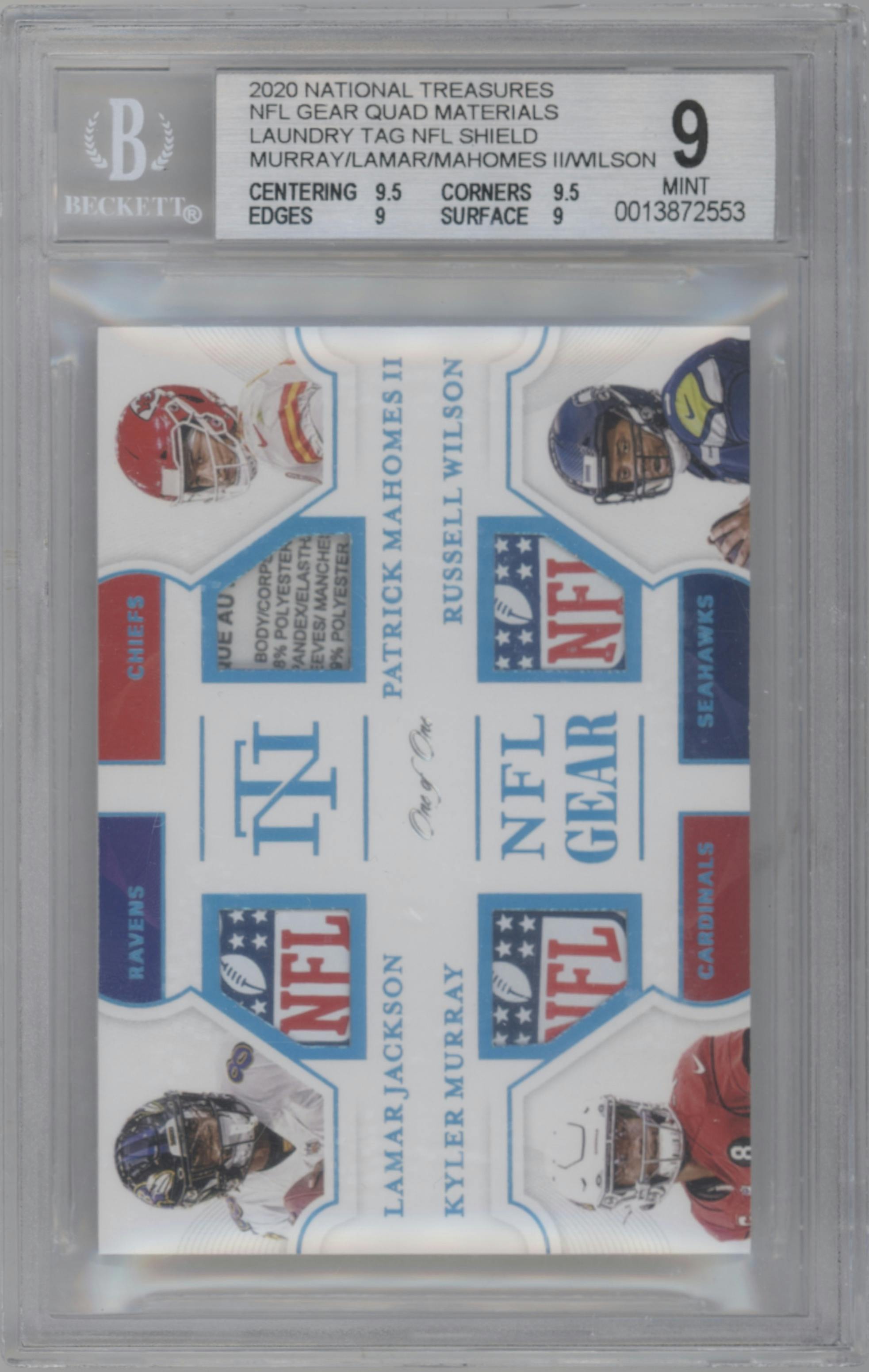 Kyler Murray/Lamar Jackson/Patrick Mahomes II/Russell Wilson from the 2020 Panini National Treasures set featuring a Laundry Tags NFL Shield parallel graded by Beckett and given an overall grade of 9.
