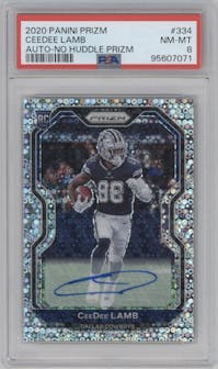 CeeDee Lamb from the 2020 Panini Prizm set featuring a No Huddle parallel graded by PSA and given an overall grade of 8.