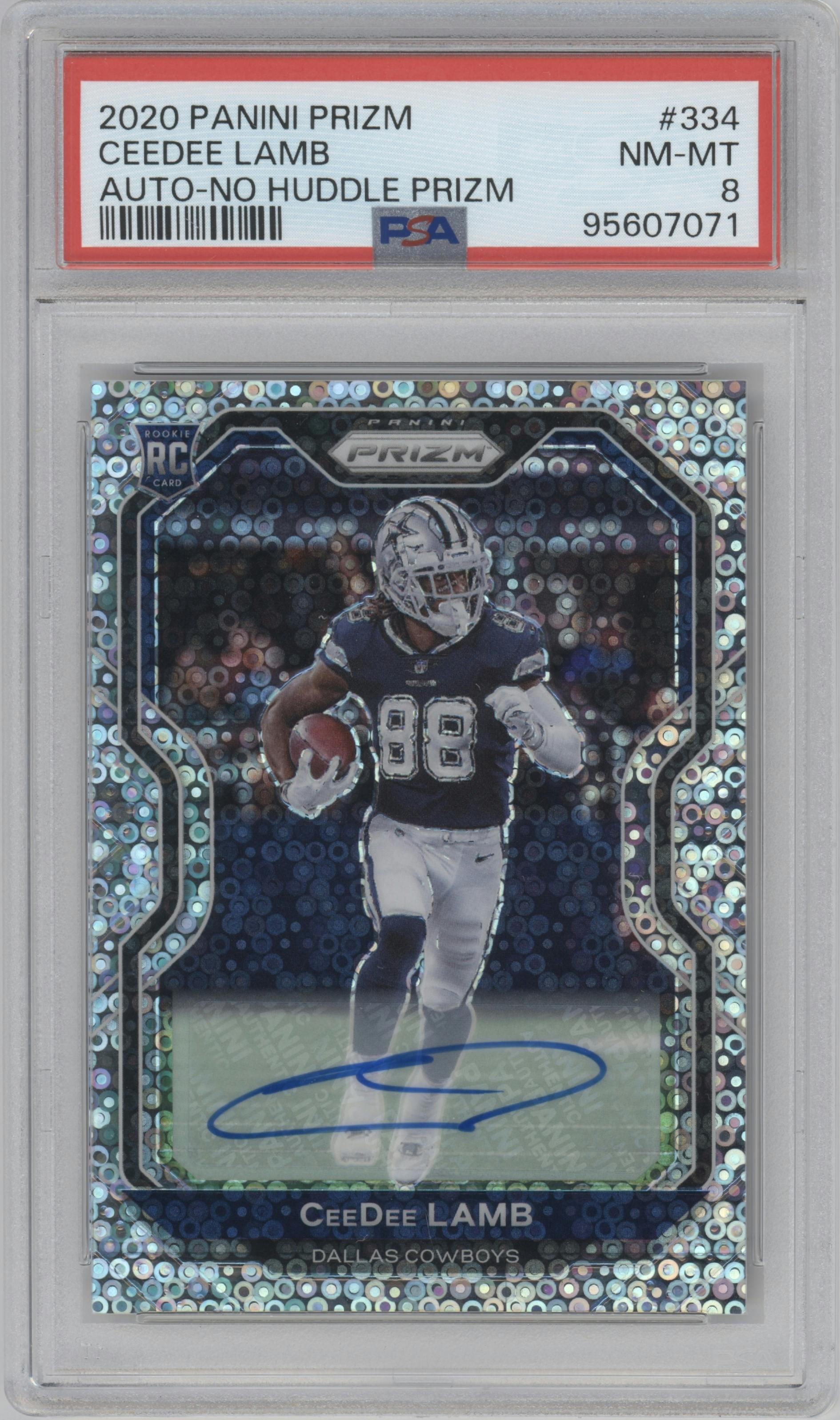 CeeDee Lamb from the 2020 Panini Prizm set featuring a No Huddle parallel graded by PSA and given an overall grade of 8.