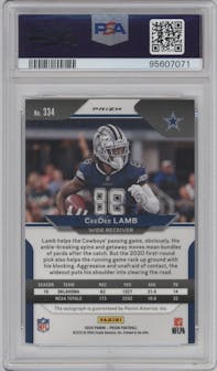 CeeDee Lamb from the 2020 Panini Prizm set featuring a No Huddle parallel graded by PSA and given an overall grade of 8.