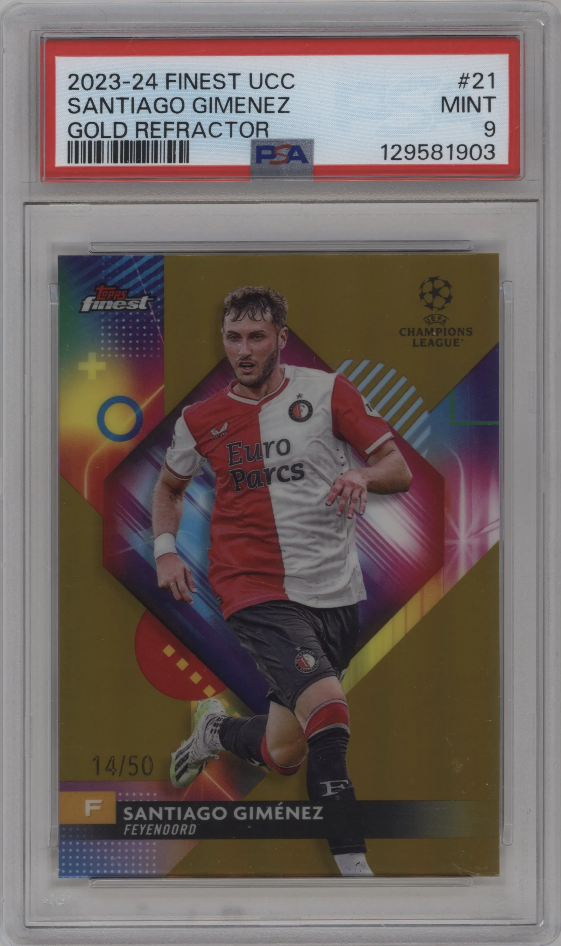 2023 Topps Finest UEFA Club Competitions Santiago Gimenez Gold PSA 9