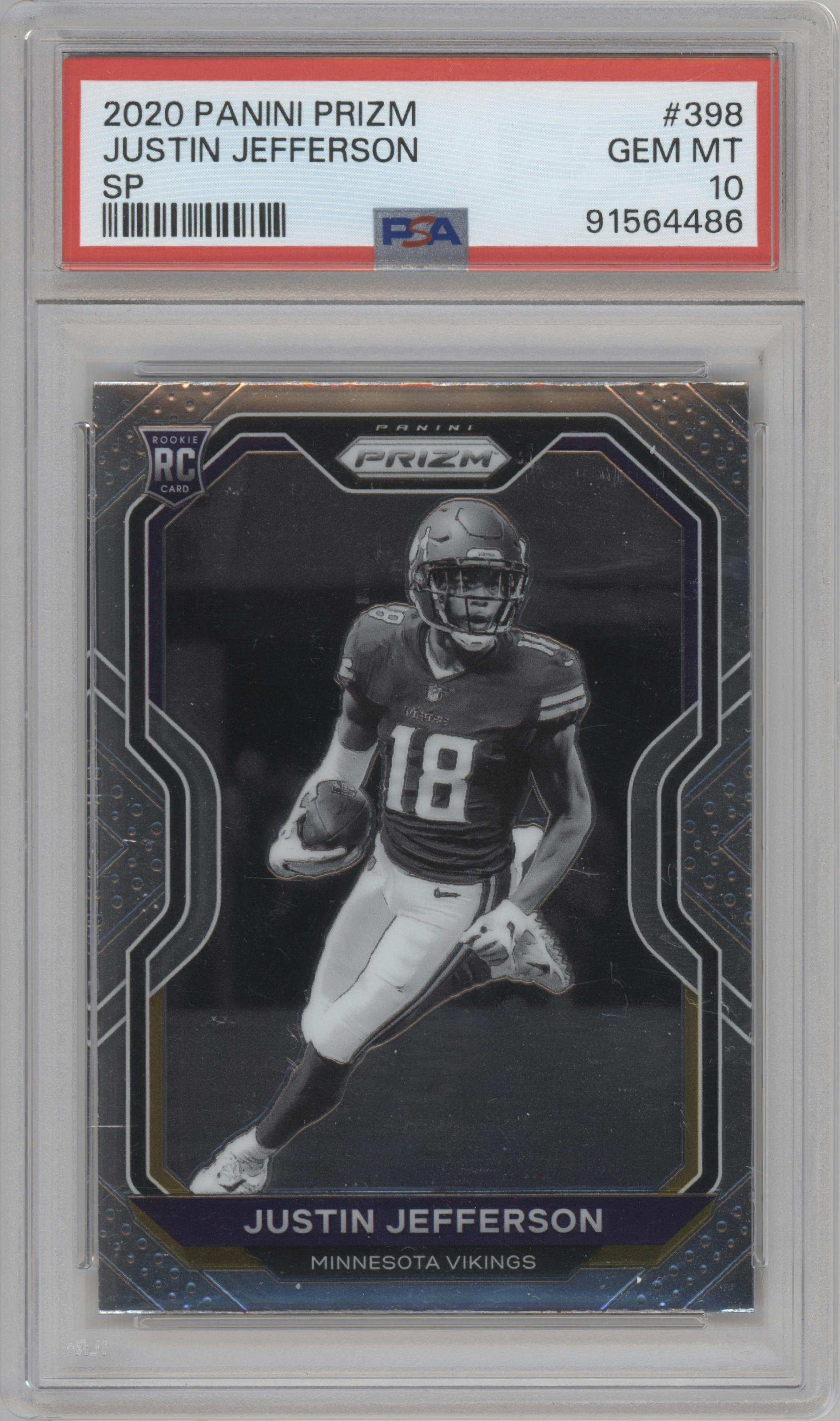 Justin Jefferson from the 2020 Panini Prizm set graded by PSA and given an overall grade of 10.