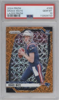 Drake Maye from the 2024 Panini Prizm set featuring a Lazer Prizm parallel graded by PSA and given an overall grade of 10.