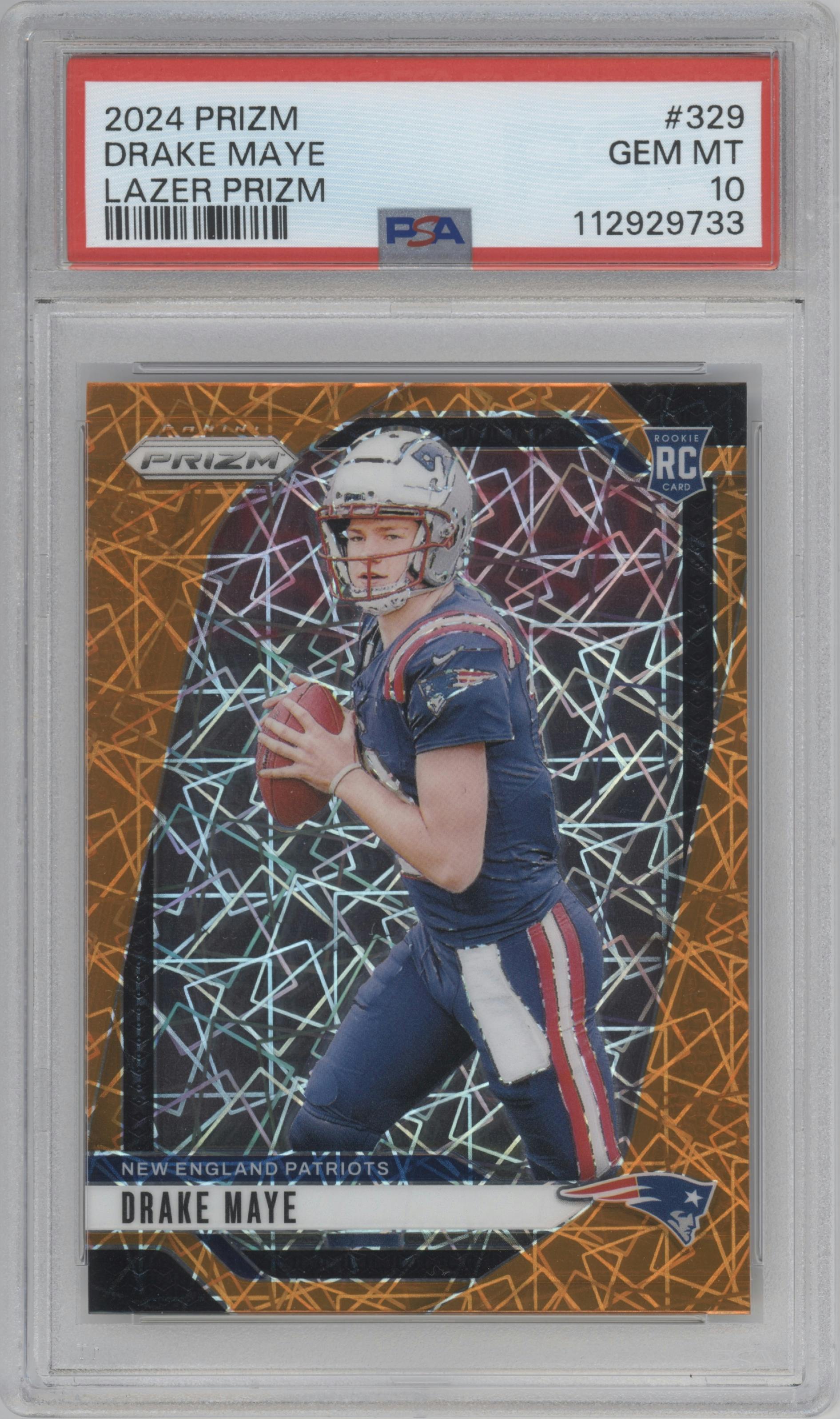 Drake Maye from the 2024 Panini Prizm set featuring a Lazer Prizm parallel graded by PSA and given an overall grade of 10.