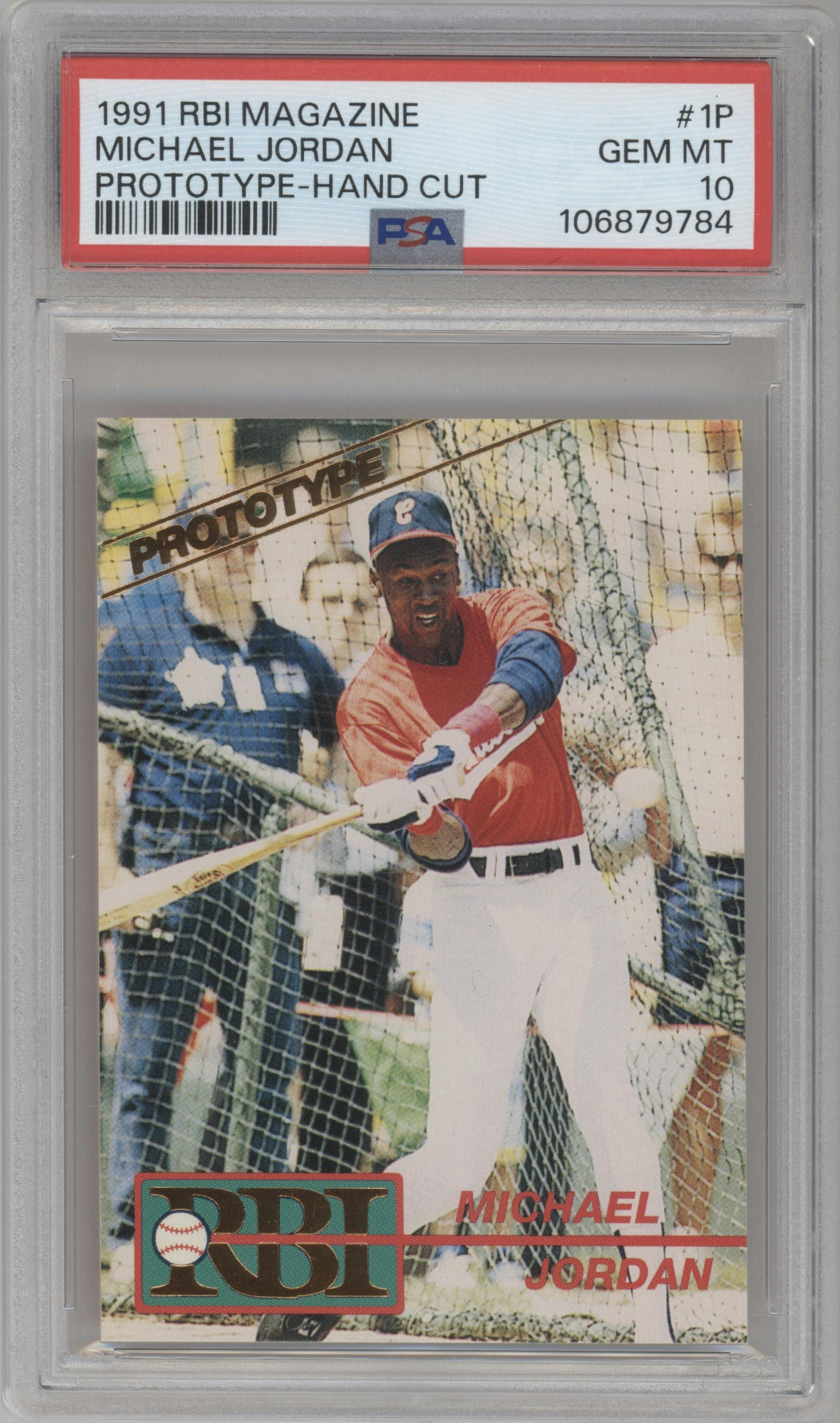 Michael Jordan from the 1991 RBI Magazine Prototype set featuring a Hand Cut parallel graded by PSA and given an overall grade of 10.