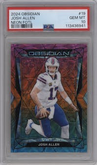 Josh Allen from the 2024 Panini Obsidian set featuring a Neon FOTL parallel graded by PSA and given an overall grade of 10.