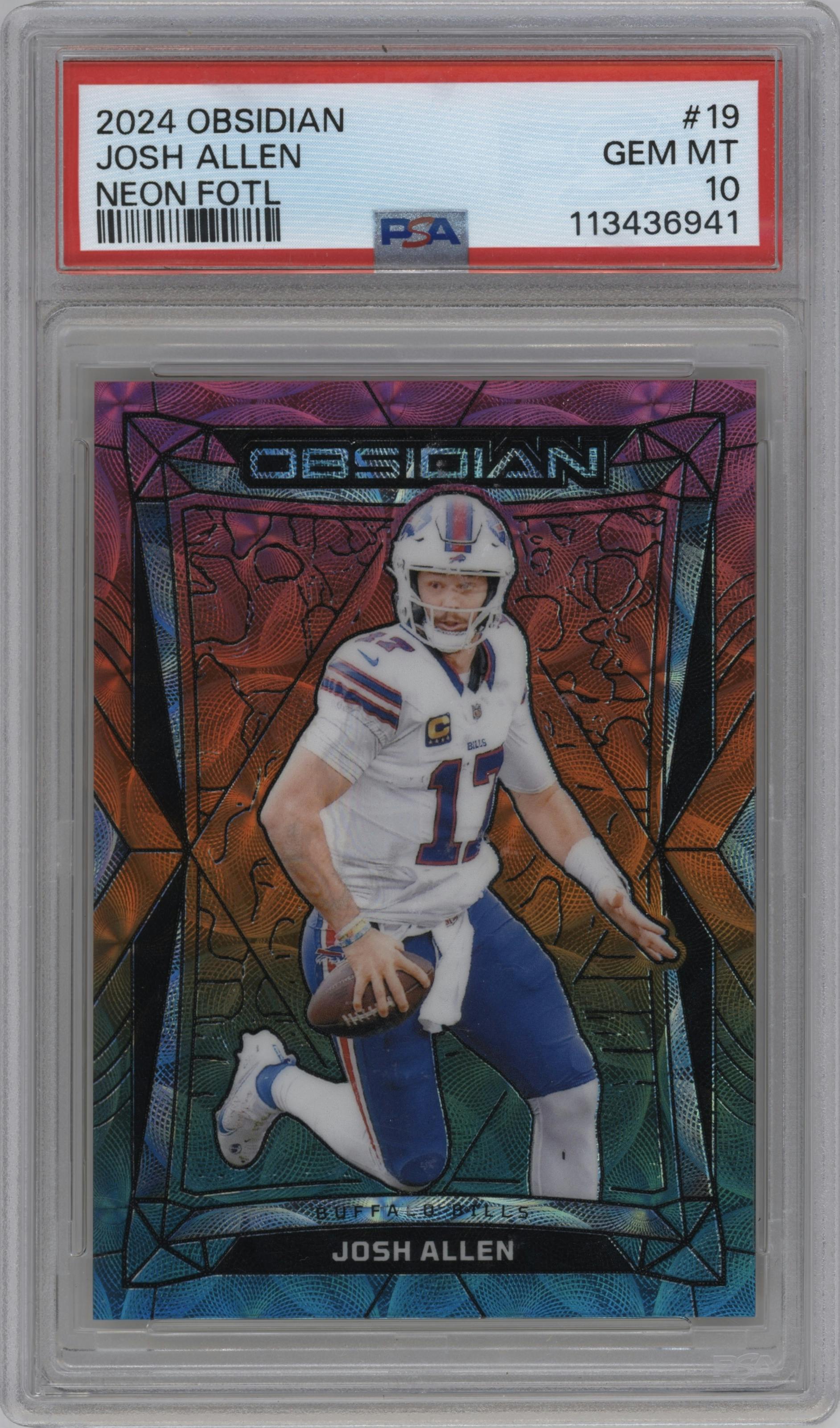 Josh Allen from the 2024 Panini Obsidian set featuring a Neon FOTL parallel graded by PSA and given an overall grade of 10.