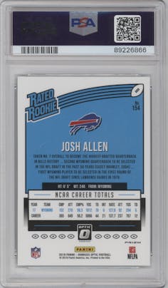 Josh Allen from the 2018 Panini Donruss Optic set featuring a Green Velocity parallel graded by PSA and given an overall grade of 10.