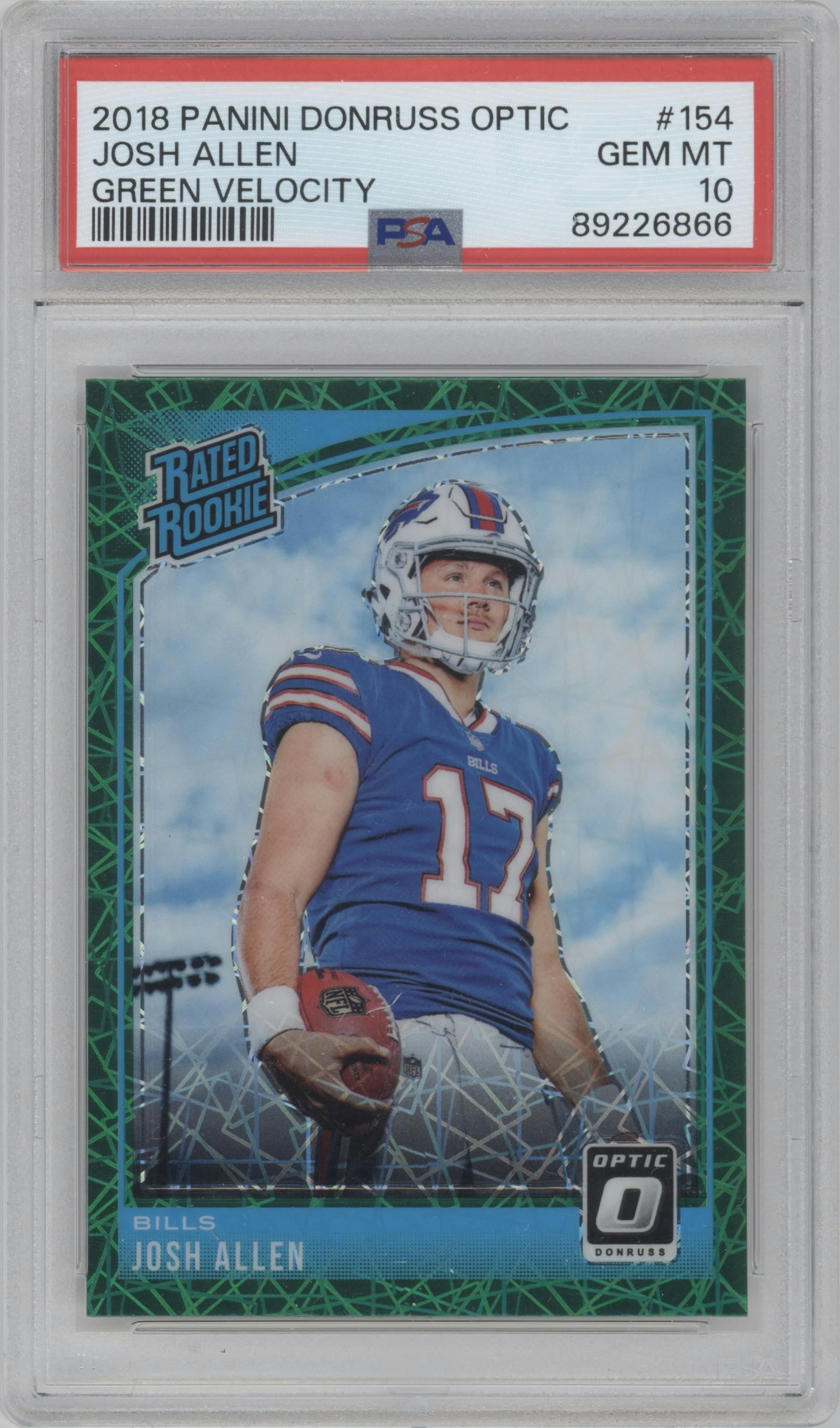 Josh Allen from the 2018 Panini Donruss Optic set featuring a Green Velocity parallel graded by PSA and given an overall grade of 10.