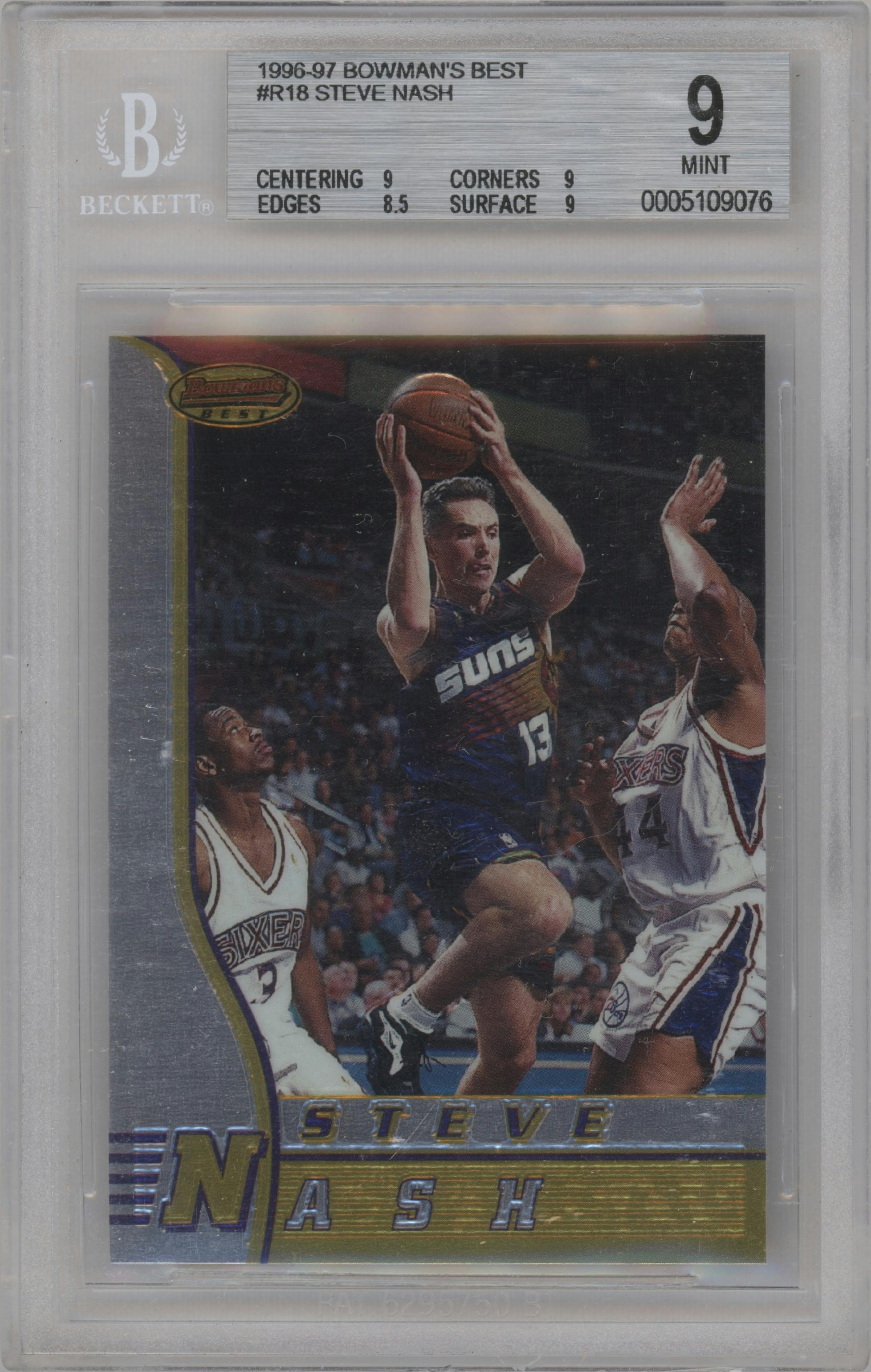 Steve Nash from the 1996-97 Bowman’s Best  set graded by Beckett and given an overall grade of 9.