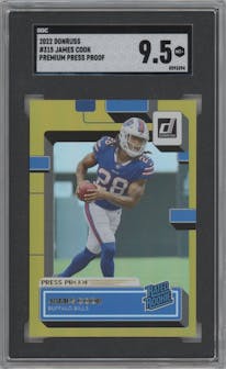 James Cook from the 2022 Panini Donruss set featuring a Press Proof Premium parallel graded by SGC and given an overall grade of 9.5.