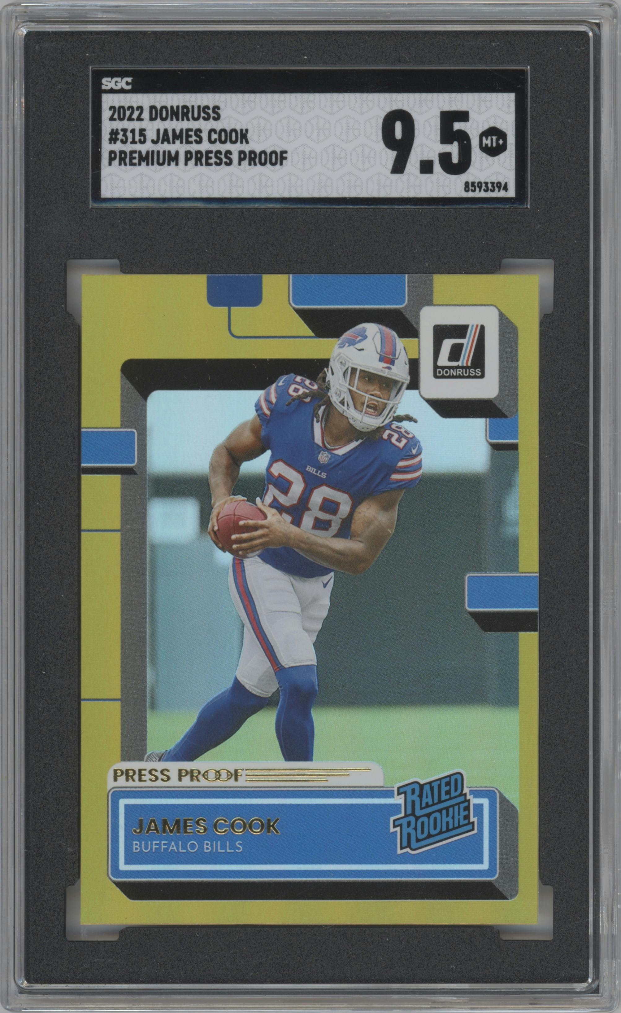 James Cook from the 2022 Panini Donruss set featuring a Press Proof Premium parallel graded by SGC and given an overall grade of 9.5.