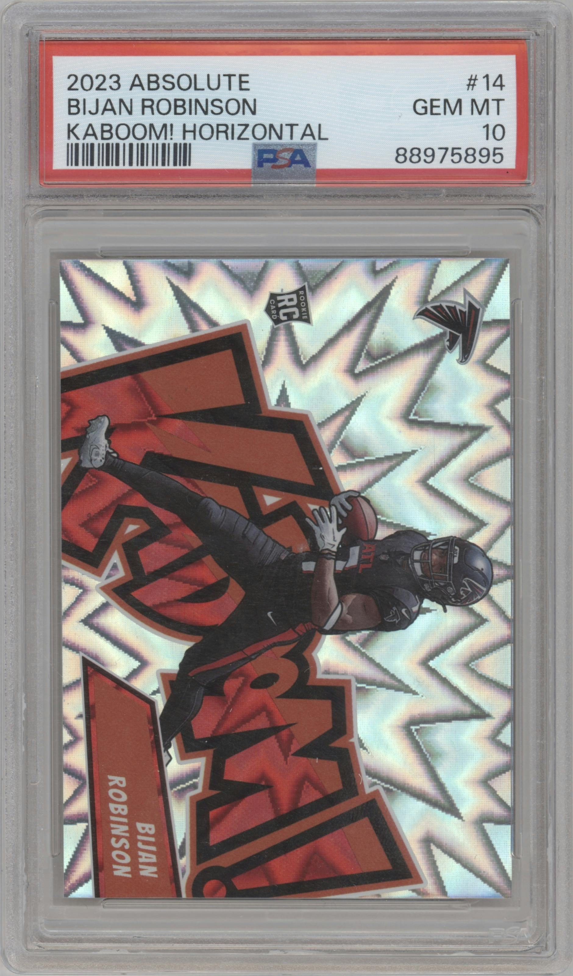 Bijan Robinson from the 2023 Panini Absolute set graded by PSA and given an overall grade of 10.