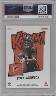 Bijan Robinson from the 2023 Panini Absolute set graded by PSA and given an overall grade of 10.