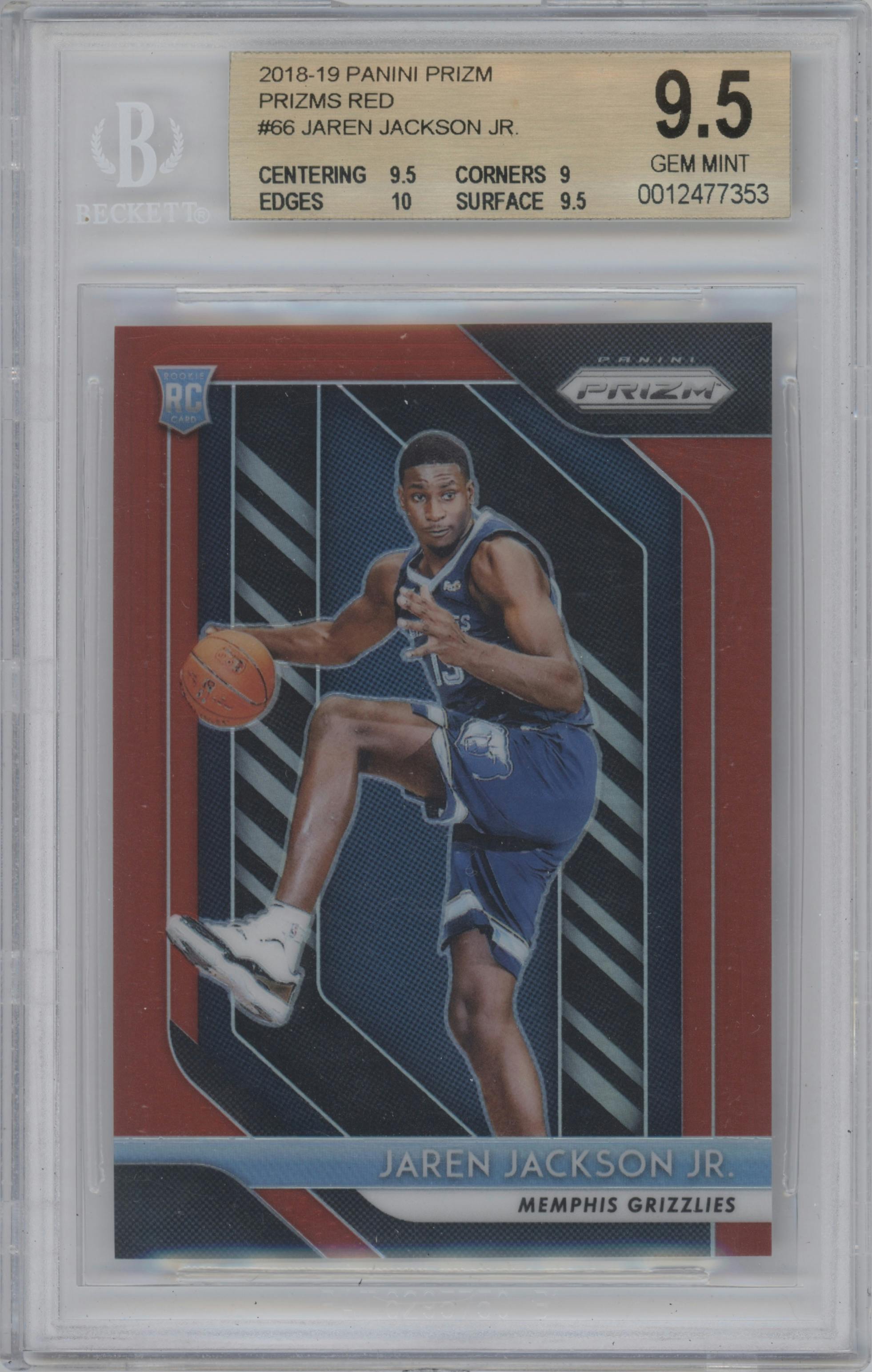 Jaren Jackson Jr. from the 2018-19 Panini Prizm set featuring a Red Prizm parallel graded by Beckett and given an overall grade of 9.5.