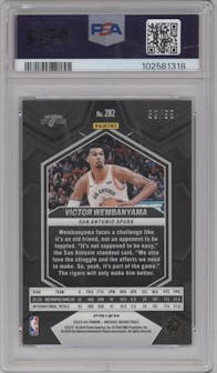 Victor Wembanyama from the 2023-24 Panini Mosaic set featuring a Purple parallel graded by PSA and given an overall grade of 10.