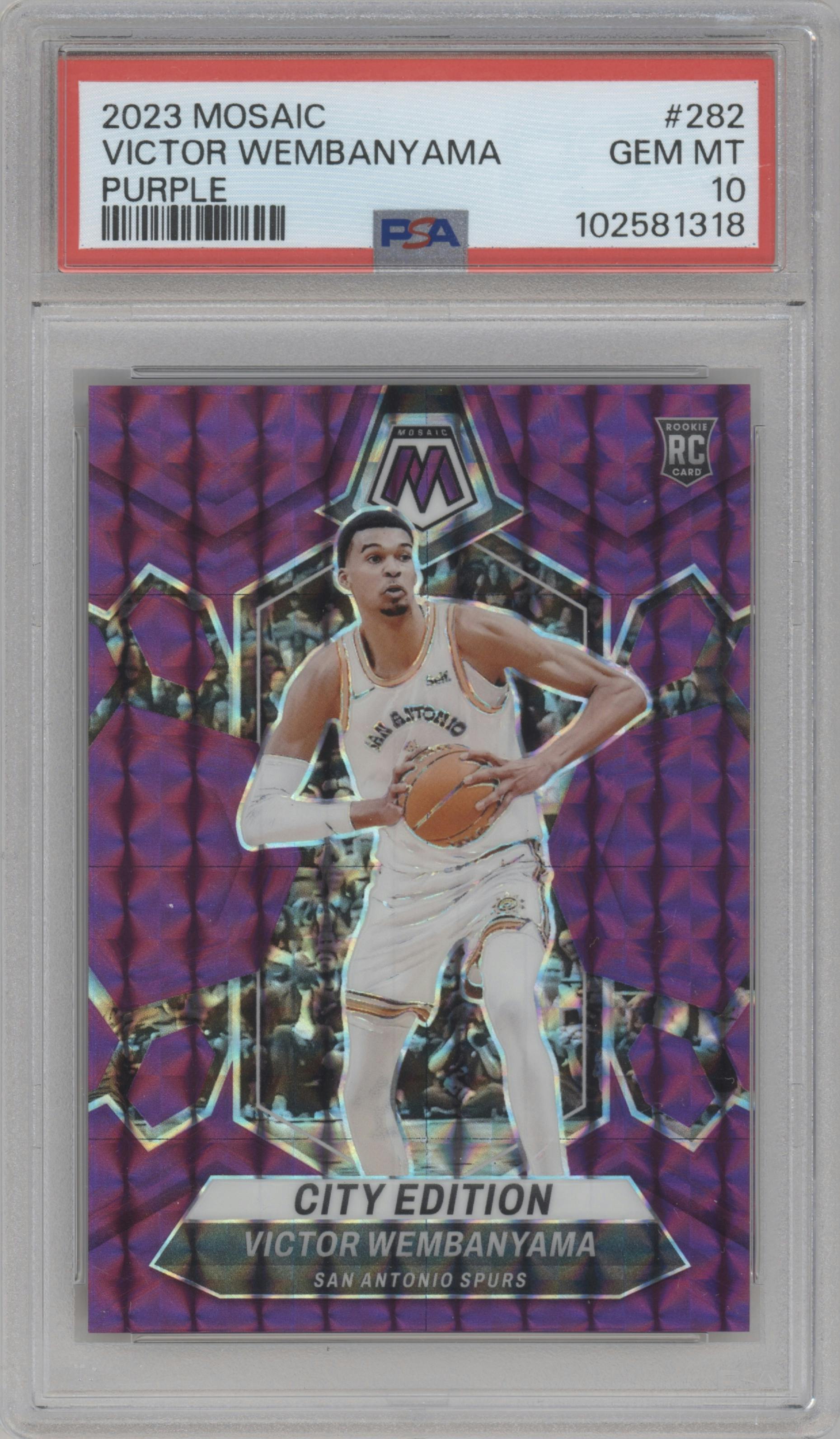 Victor Wembanyama from the 2023-24 Panini Mosaic set featuring a Purple parallel graded by PSA and given an overall grade of 10.