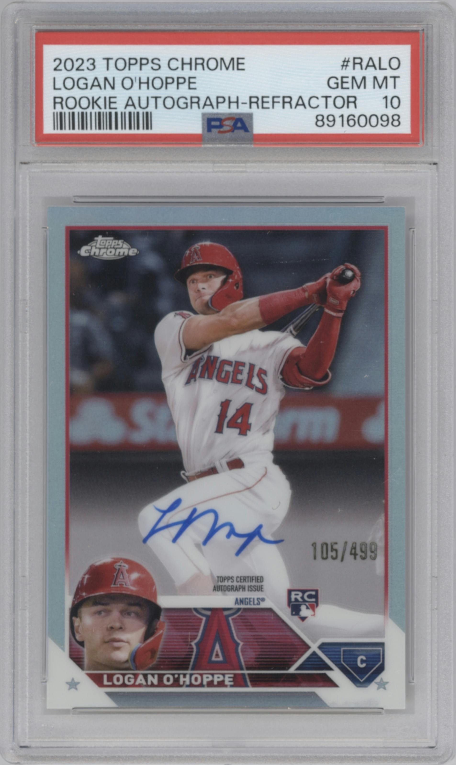 Logan O'Hoppe from the 2023 Topps Chrome set featuring a Refractor parallel graded by PSA and given an overall grade of 10.