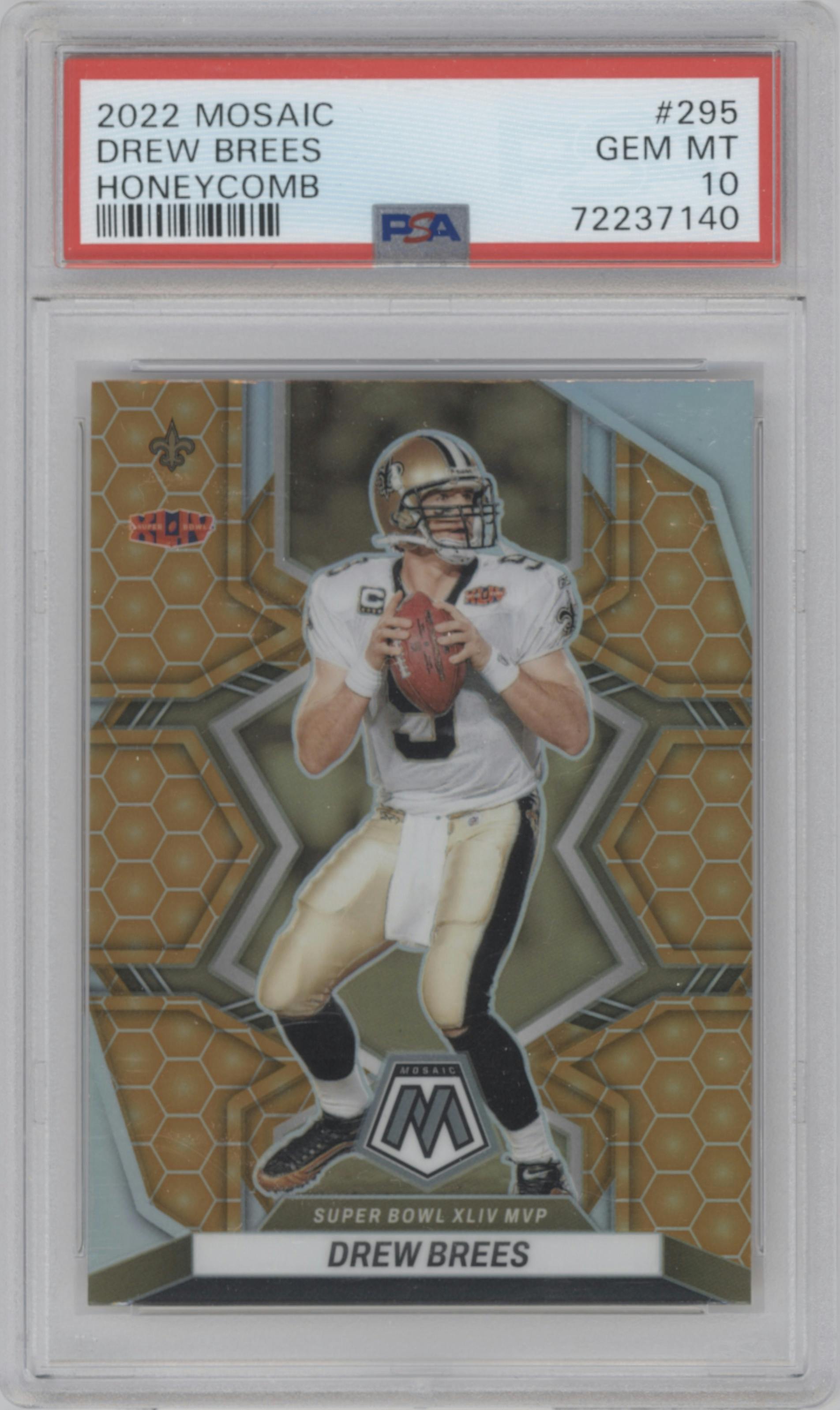 Drew Brees from the 2022 Panini Mosaic set featuring a Honeycomb parallel graded by PSA and given an overall grade of 10.