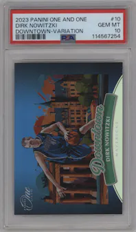 Dirk Nowitzki from the 2023-24 Panini One and One set graded by PSA and given an overall grade of 10.