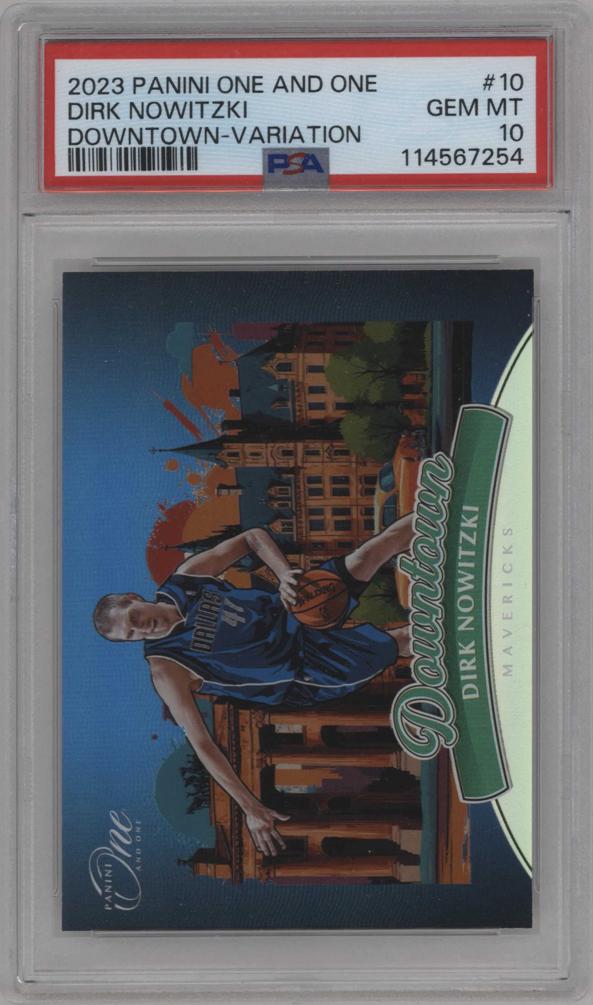 Dirk Nowitzki from the 2023-24 Panini One and One set graded by PSA and given an overall grade of 10.