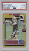 Brock Purdy from the 2022 Panini Donruss set featuring a Press Proof Premium parallel graded by PSA and given an overall grade of 10.