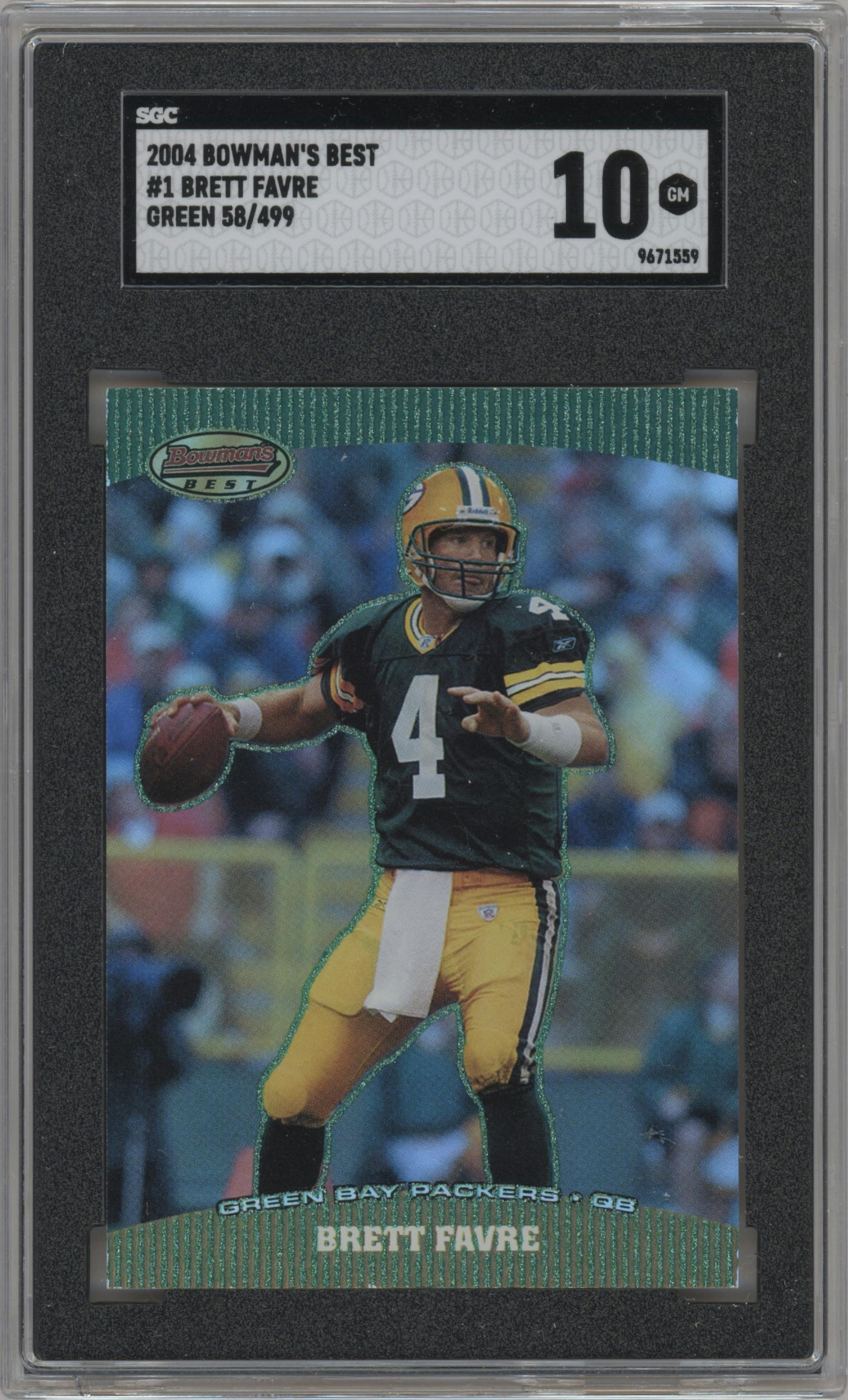 Brett Favre from the 2004 Bowman's Best set featuring a Green parallel graded by SGC and given an overall grade of 10.
