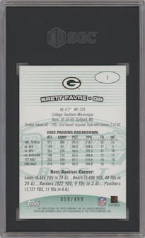 Brett Favre from the 2004 Bowman's Best set featuring a Green parallel graded by SGC and given an overall grade of 10.