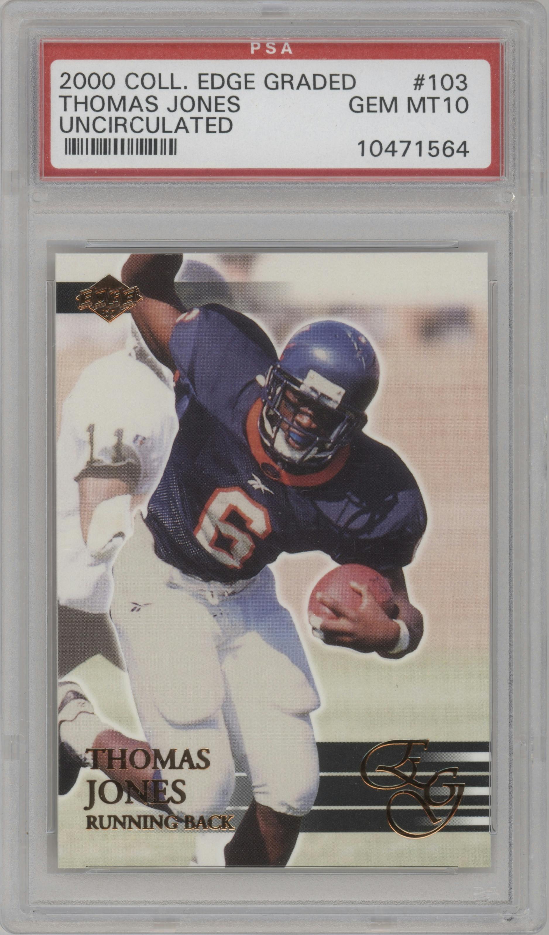 Thomas Jones from the 2000 Collector's Edge EG set featuring a Uncirculated parallel graded by PSA and given an overall grade of 10.