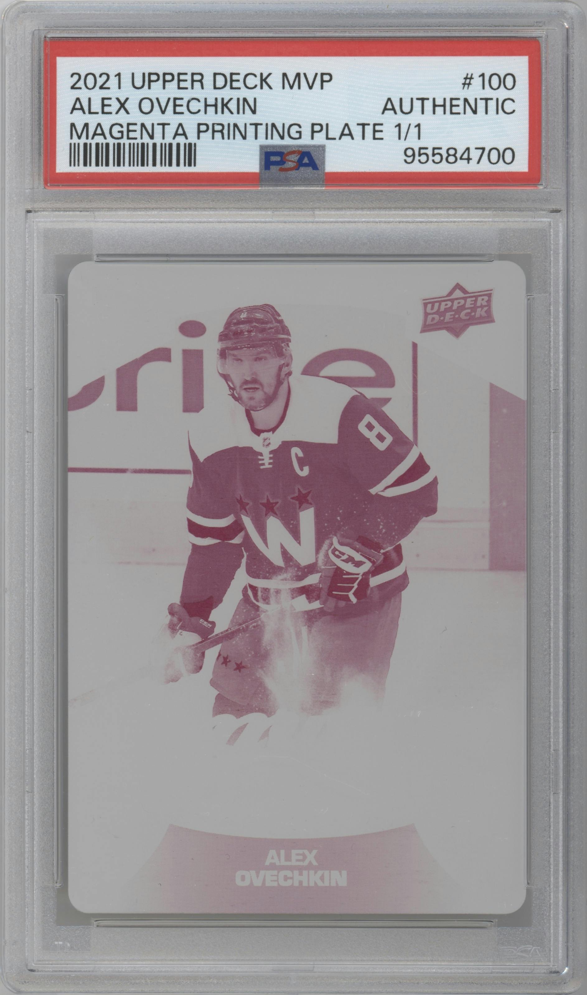Alex Ovechkin from the 2021-22 Upper Deck MVP set featuring a Magenta Printing Plate parallel graded by PSA.