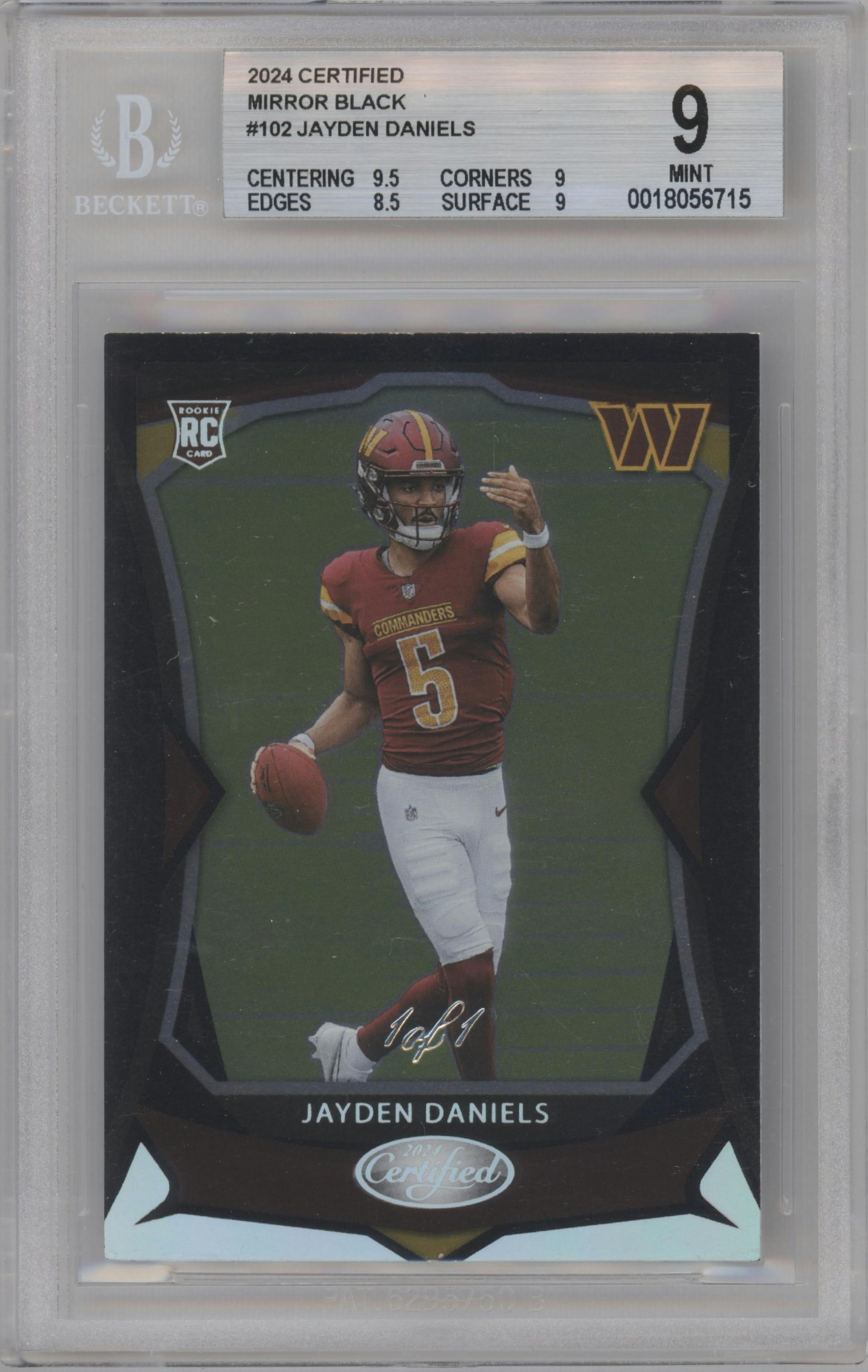 Jayden Daniels from the 2024 Panini Certified set featuring a Mirror Black parallel graded by Beckett and given an overall grade of 9.
