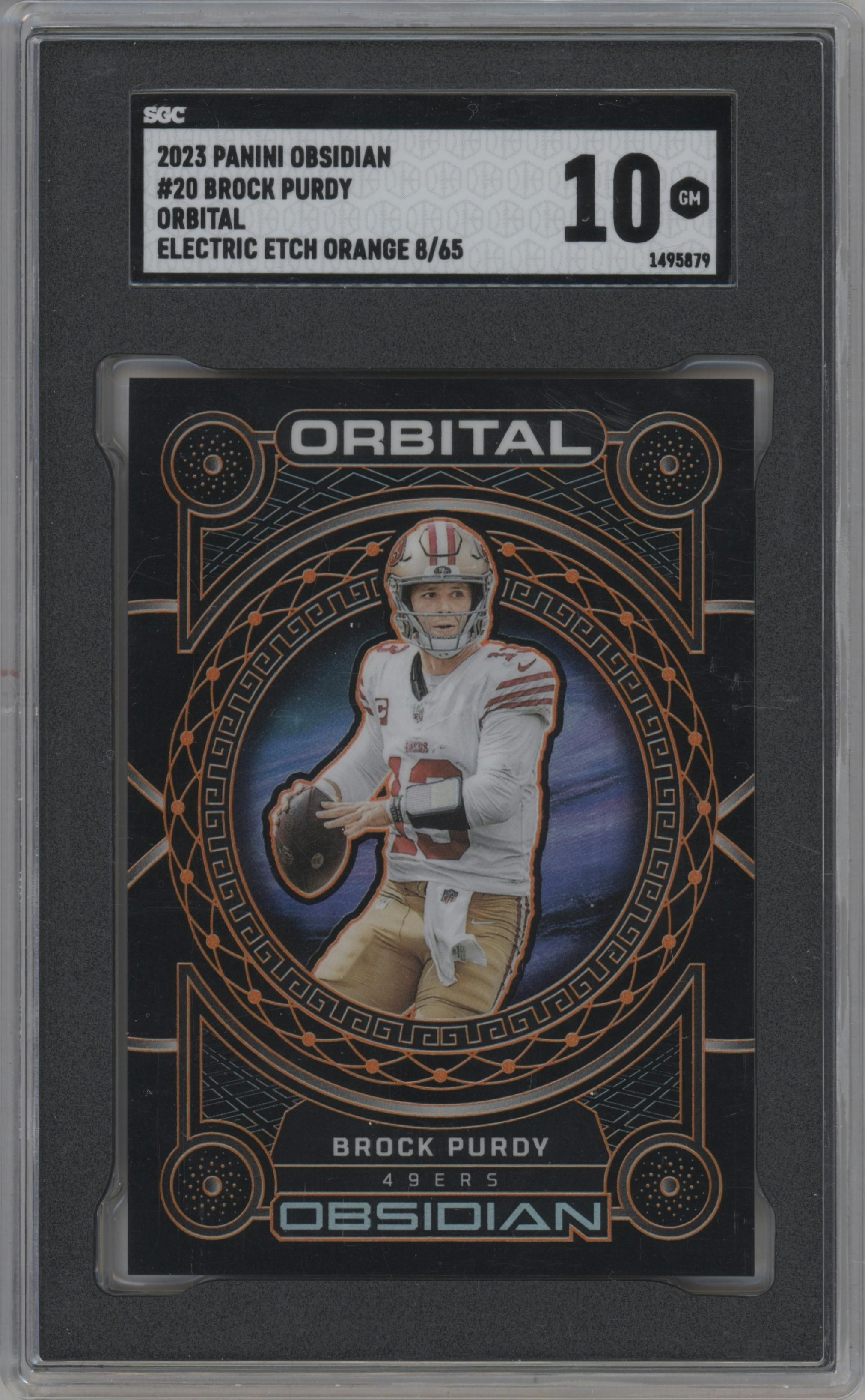 Brock Purdy from the 2023 Panini Obsidian set featuring a Electric Etch Orange parallel graded by SGC and given an overall grade of 10.