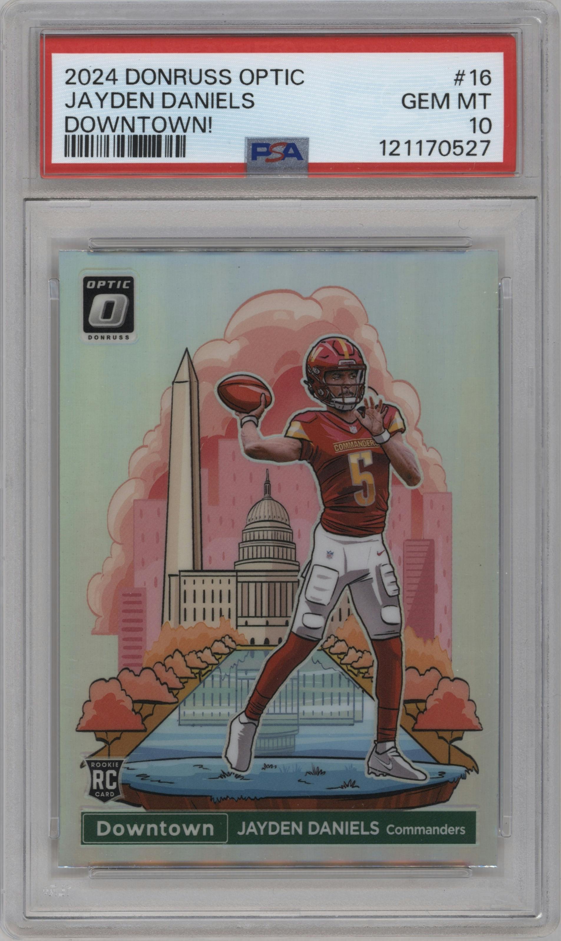 Jayden Daniels from the 2024 Donruss Optic set graded by PSA and given an overall grade of 10.