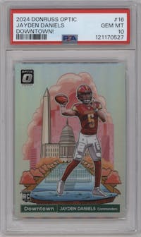 Jayden Daniels from the 2024 Donruss Optic set graded by PSA and given an overall grade of 10.
