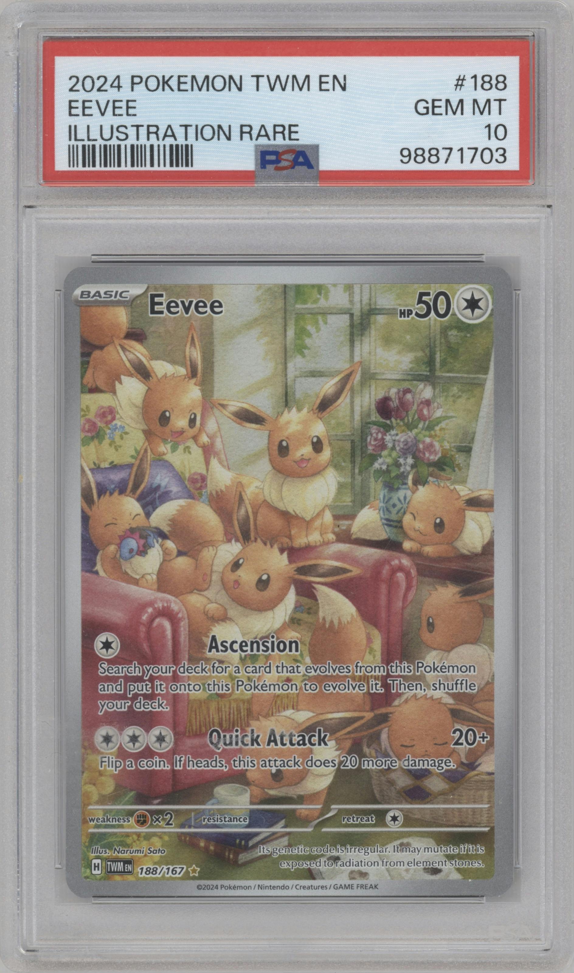 Eevee from the 2024 Pokemon SV set graded by PSA and given an overall grade of 10.