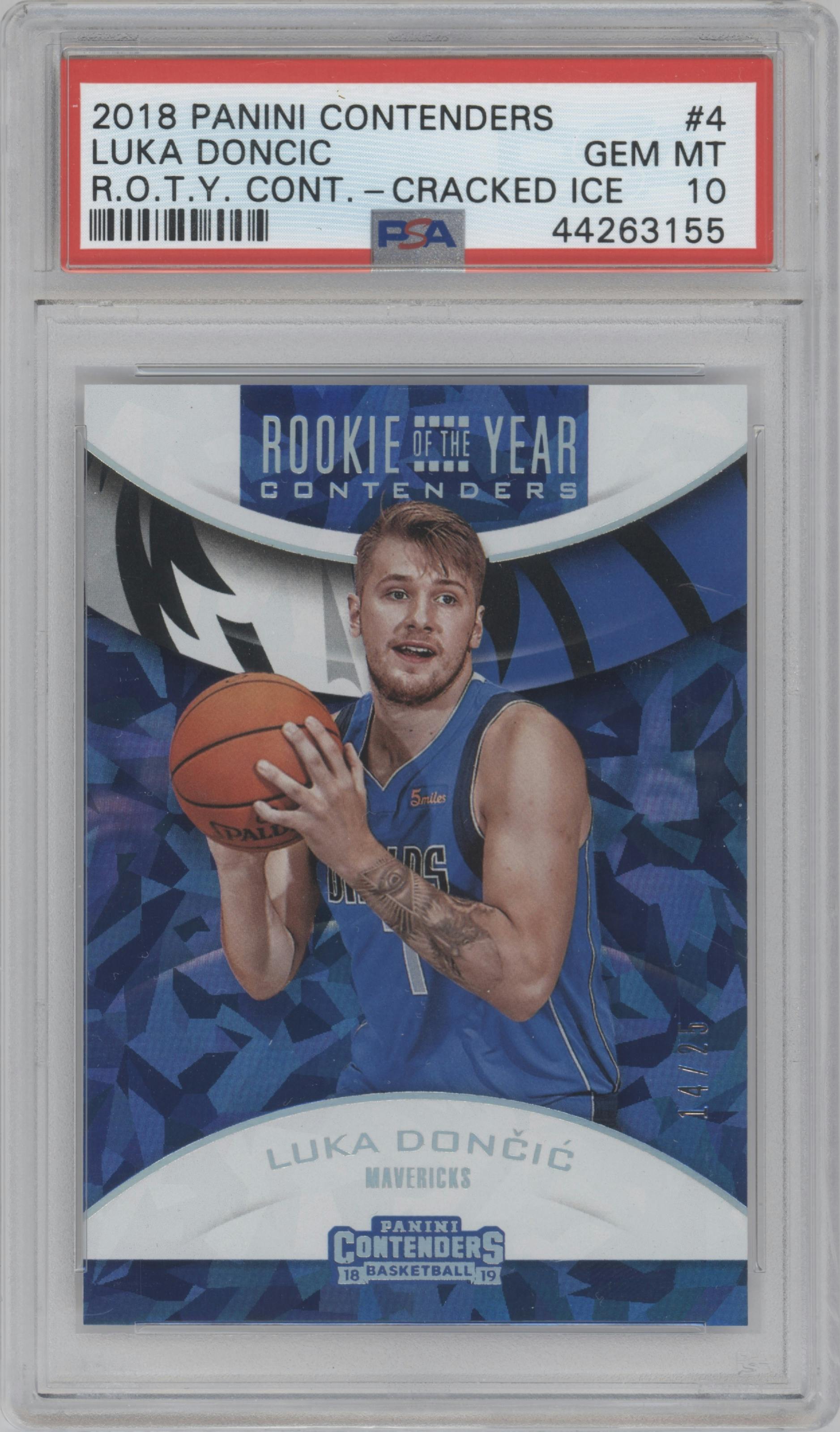 Luka Doncic from the 2018-19 Panini Contenders set featuring a Cracked Ice parallel graded by PSA and given an overall grade of 10.